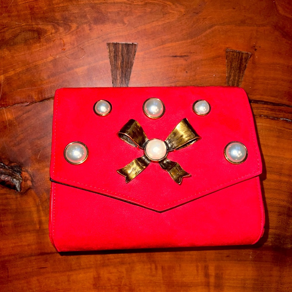 Red Suede Clutch Crossbody w/ Pearl & Gold Accents